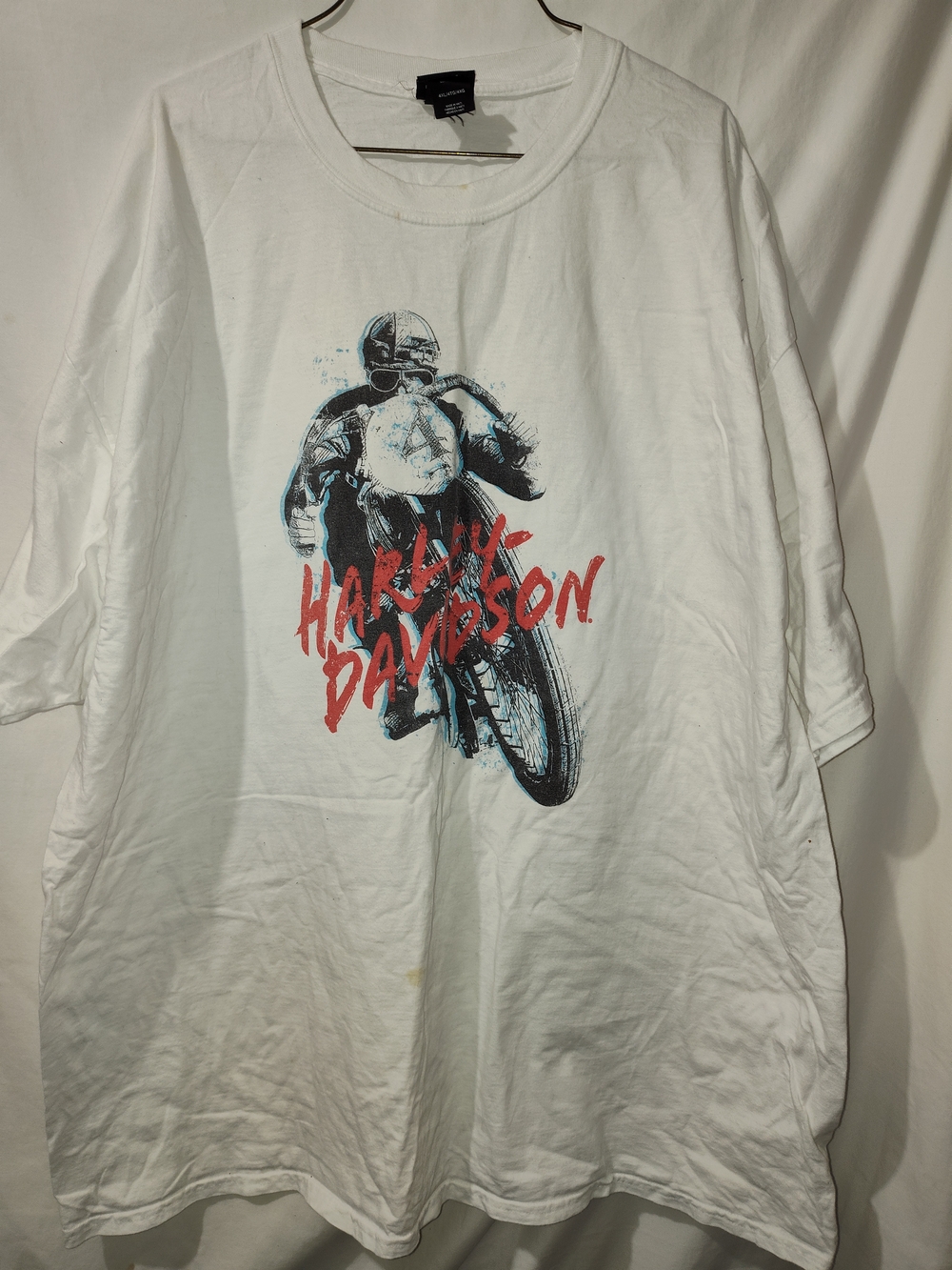 Harley-Davidson White Short Sleeve Tee with Red Script and Blue Bike Graphic